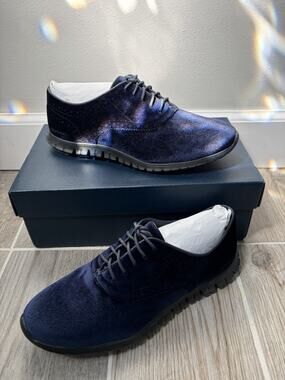 Cole Haan ZeroGrand Women's Blue Velvet Wingtip Oxford Casual Shoes Sz 7.5 Boss